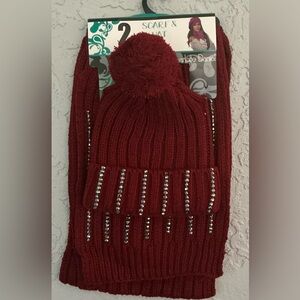 Charlotte Daniel Ribbed Pom Beanie with Rhinestones Hat & Scarf Set (NWT)